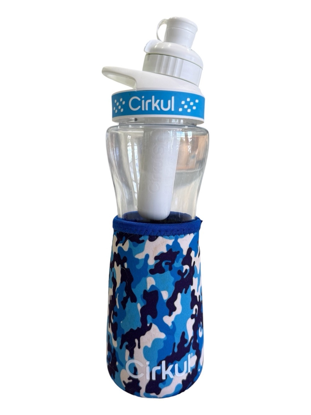 Cirkul Water Bottle With Blue Camouflage Neoprene Chill Sleeve 22oz